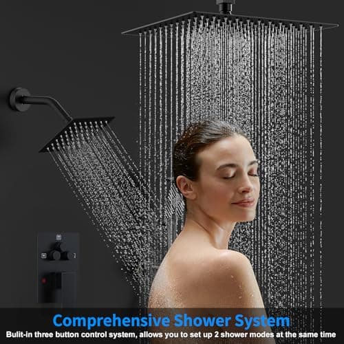 Shower Faucet Set, 12" Ceiling Mount Rainfall Shower System with 2 Rain Shower Head and Multi-function Handheld Head Push Button Diverter Shower Faucet Trim Kit (12", Matte Black)