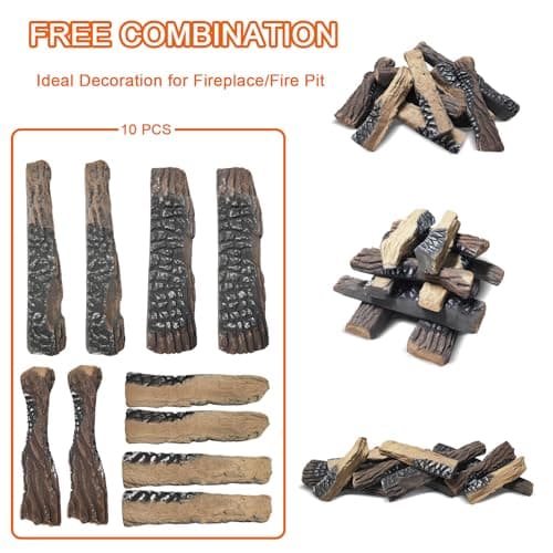 Skypatio 10-Piece Gas Fireplace Logs Set, Heat Resistant Realistic Ceramic Wood Logs for Indoor or Outdoor Fireplace, Fire Pit Decor, Lightweight & Portable