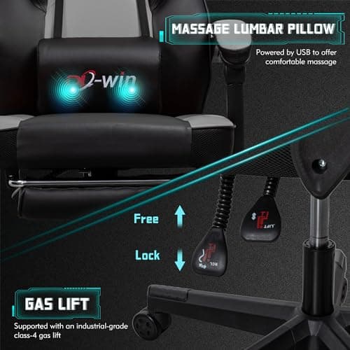 Meilocar Gaming Chair for Adult, Computer Chair with Footrest Video Game Chair Big and Tall Gaming Chair with Massage Lumbar Support, Adjustable Height and 360° Swivel Seat(Grey)