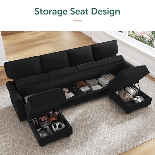 HONBAY Sectional Sofa with Storage Seat Velvet U Shaped Couch with Reversible Chaise Convertible Sectional Couches for Living Room,Black Velvet