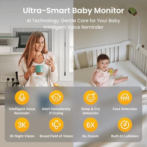 Smart Baby Camera Monitor 3K HD with No Subscription, Night Vision, 360° AI Detection, Two-Way Audio Monitor Includes Local Storage Card, Wireless WiFi Baby Monitor with Power-supportable Stand