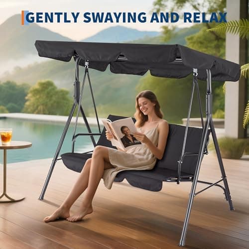 Outdoor Porch Swing Chair with Adjustable Canopy for Adults 3 Seat Glider Bench with Thickened Cushions Outside Patio Swing for Backyard Lawn Garden Black