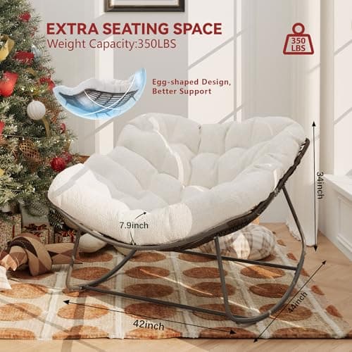 Papasan Rocking Chair, Rattan Rocking Chair, Oversized Outdoor Chair with Deep Seat Thick Cushion, Patio Rocking Chair for Bedroom/Porch/Garden (White & Black)