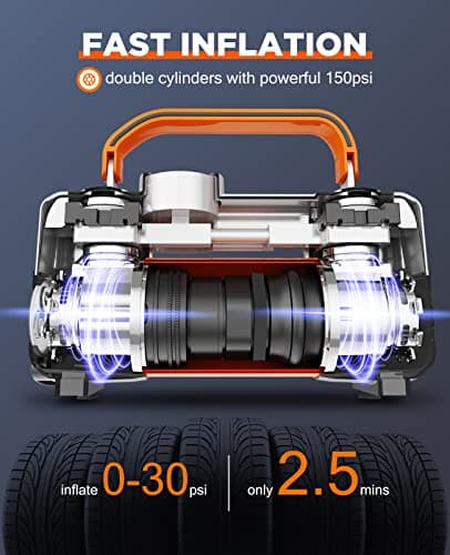 Tire Inflator Air Compressor, 150PSI 12V DC Double Cylinders Heavy Duty Portable Air Pump w/Emergency LED Light for Truck, SUV, Car, RV