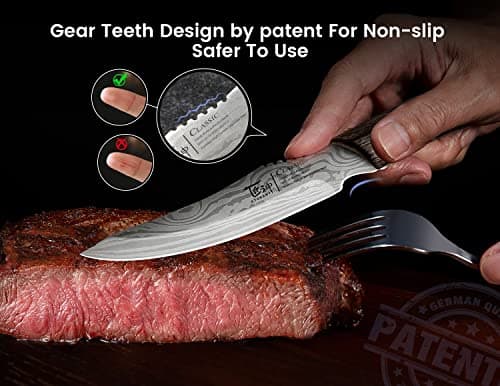 Steak Knives Set of 6, 4.8 Inch High-Carbon Japanese Stainless Steel Non-serrated Steak Knife with Wood Handle, Damascus Pattern Full Tang Design, Razor-Sharp Dinner Knives with Gift Box