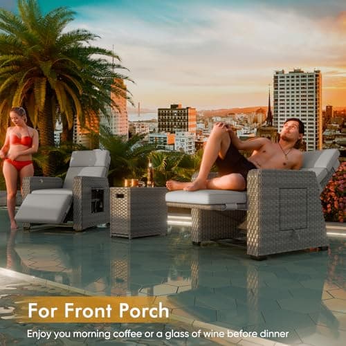 Outdoor Recliner Patio Chair, All-Weather Wicker Furniture Reclining with Air Pump, 150° Lay-Flat Position, Extended Footrest, Flip-Up Side Table, Removable Gray Olefin Cushions
