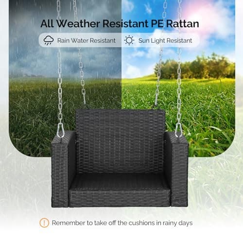 VINGLI 2.2 FT 1-Person Use Rattan Porch Swing Outdoor Support 440 LBS with Cushions & Adjustable Chains, Patio Wicker Swing Bench Chair for Garden, Yard, Lawn, Tree, Black