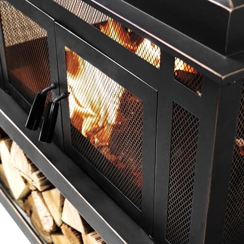 Rimasco 80-Inch Metal Wood Burner Fireplace with Side Storage Tables - Wood Burning Fire Pit for Home - Smokeless Patio Fire Pit - Outdoor