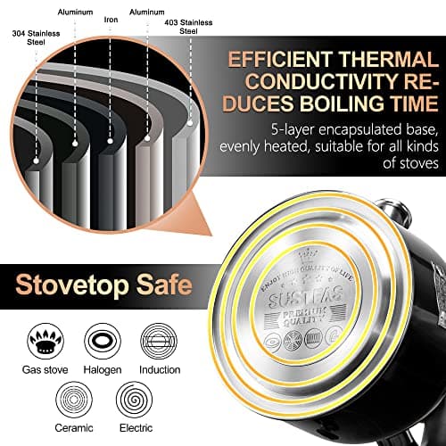 SUSTEAS Tea Kettle - 3.17QT Whistling Kettle with Ergonomic Handle - Premium Stainless Steel Tea Pots for Stove Top, Chic Vintage Teapot with Composite Base, Work for All Stovetops (Black)