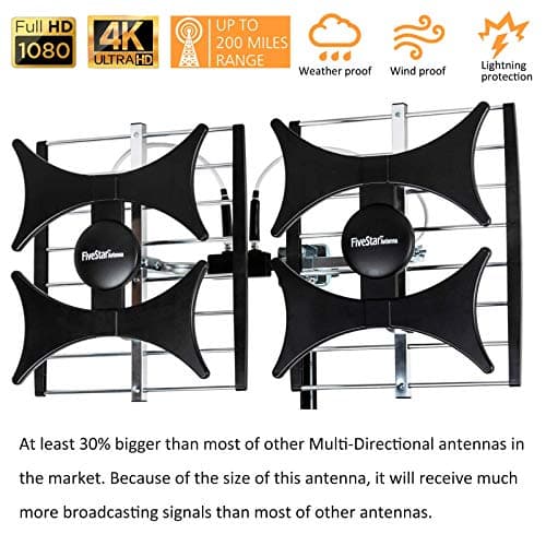 Five Star Multi-Directional 4V HDTV Amplified Antenna - up to 200 Mile Range, UHF/VHF, Indoor, Attic, Outdoor, 4K Ready 1080P FM w/ 40ft RG6 coaxial Cable, Mounting Pole