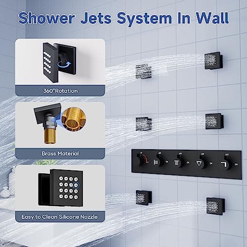 Smart Shower System with Body Jets, Black Shower Head and Handle Set,16" Ceiling Mount Rainfall Waterfall Shower Jets System with Tub Spout,Thermostatic Shower System Bathroom with Music and Led Light