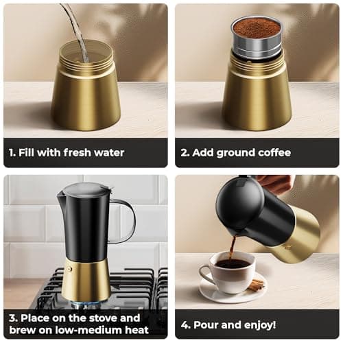 Moka Pot Espresso maker, Stovetop Stainless Steel Manual Espresso Italian Cuban Coffee Maker, 6 cups (350 ml), Elegant Coffee Maker Percolator Cafetera, Black/Gold
