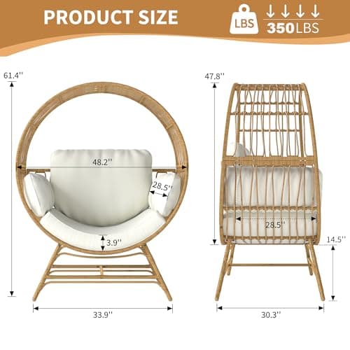 Egg Chair Outdoor Indoor, Oversized Rattan Chair with Thicken Cushion, 350LBS Capacity Wicker Patio Lounge Chair, Basket Chair for Living Room Balcony Porch Backyard, Beige