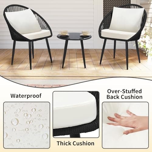 3 Pieces Bistro Set, Woven Rope Chair with Cushions, All Weather Patio Conversation Set and Side Table, Ideal for Deck, Balcony, Poolside, Black