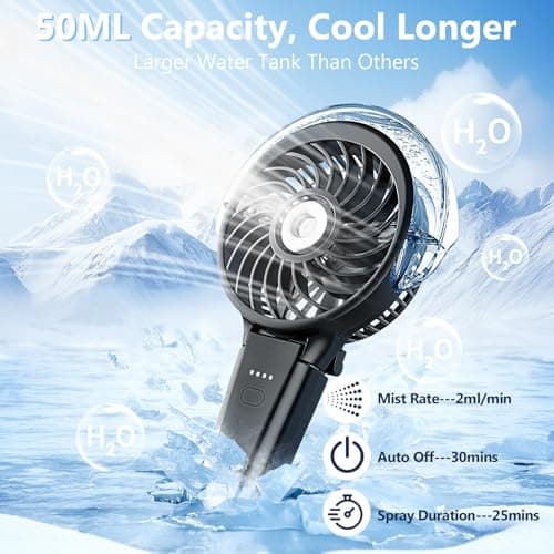 6000mAh Portable Handheld Misting Fan as Power Bank, 50ml XL Water Tank, 20H Runtime 3 Speeds, 180° Foldable Rechargeable Mist Fan for Travel, Outdoors, Makeup - Black