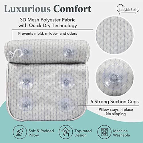 Lady McBath Bath Pillow - Luxury Bath Pillows for Tub Neck and Back Support - Powerful Suction Cups, Machine Washable Bathtub Accessory for Relaxation (Grey)