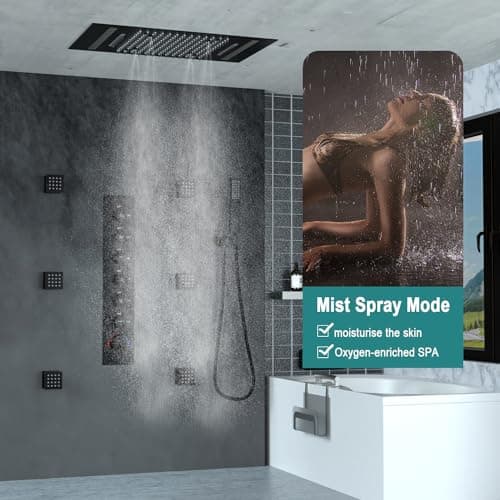 HOMEDEC LED Multi Functions Full Body Shower System with 6pcs Body Jets Spray with（Up/Down ）Shower Spout, Large 3 In 1 Functions 14x20inch Showerhead, Rainfall Mist Shower Faucet Set Complete, Black