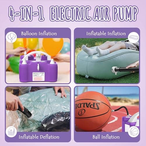 4-in-1 Electric Balloon Pump for All Balloons, Inflatables, and Sports Balls, Triple Inflating Ports for Latex Foil 260q Mylar Balloon, Inflator Deflator for Air Beds Pool Floats Yoga Balls