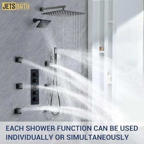 16" Thermostatic Dual Rainfall Head Shower System with Handheld & Valve, 16-Inch Shower Faucet Set with 6-Inch Shower Head, JetsBath Matte Black Full Body Shower System for Couples/2-Person