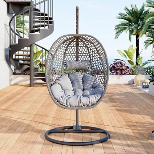 Egg Swing Chair Outdoor with Stand, Hanging Egg Rattan Basket Chair with Cushion and Pillow, Lounge Chairs, Foldable Basket and Metal Stand for Porch, Patio, Bedroom, Balcony,Yard (Grey)