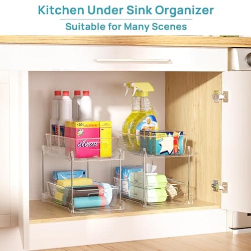 Vtopmart 4 Pack Bathroom Organizer, 2 Tier Clear Under Sink Organizers Vanity Countertop Storage Container,Cabinet Drawers Bins, Pull-Out Organization with Track for Pantry, Kitchen
