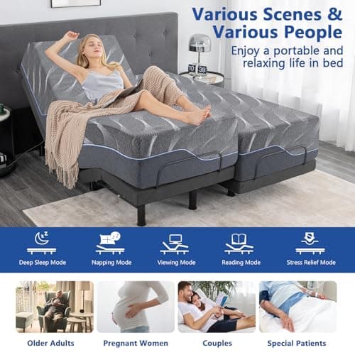 Split King Adjustable Bed Frame with Mattress, 12 Inch Grey Gel Memory Foam Medium-Firm Mattress in Box, Easy Assembly Adjustable Bed Base with Wireless Remote, Smart Electric Bed Frame