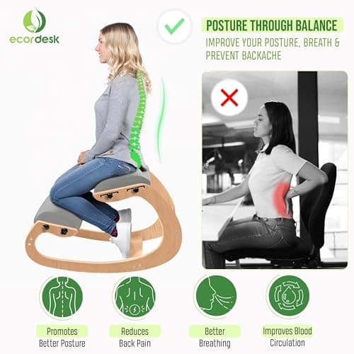 Ergonomic Kneeling Chair, Adjustable Seat - Office Chair for Desk, Posture Corrector, Premium Comfort Cushion, Wooden Rocking Knee Chair (Grey)