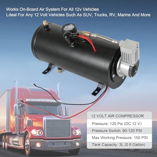 DC 12V MAX 150PSI Air Compressor Tank Pump with 3 Liter Tank 0.8 Gallon Portable Air Compressor Pump for Train Truck Pickup Motorhome Horns On Board 3L Train Inflator