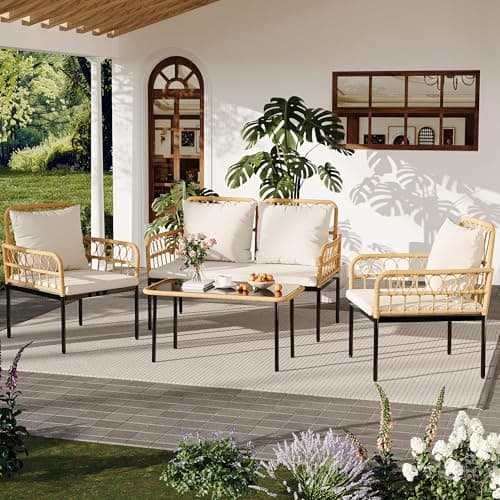 IDEALHOUSE 4-Piece Outdoor Patio Furniture Set, All-Weather PE Rattan Wicker Loveseat & Chairs with Glass Coffee Table & Steel Frame, Boho Conversation Set for Patio, Balcony, Backyard, Beige