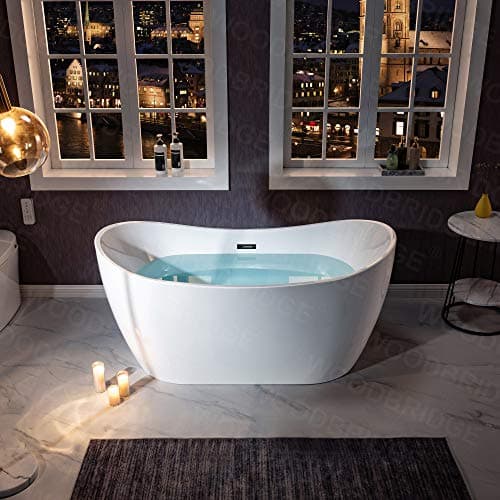 WOODBRIDGE 59" Acrylic Freestanding Bathtub Contemporary Soaking White Tub with Matte Black Overflow and Drain，B0016 -MB-Drain &O