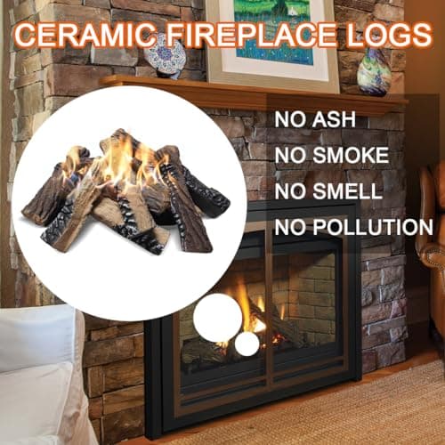 Skypatio 10-Piece Gas Fireplace Logs Set, Heat Resistant Realistic Ceramic Wood Logs for Indoor or Outdoor Fireplace, Fire Pit Decor, Lightweight & Portable