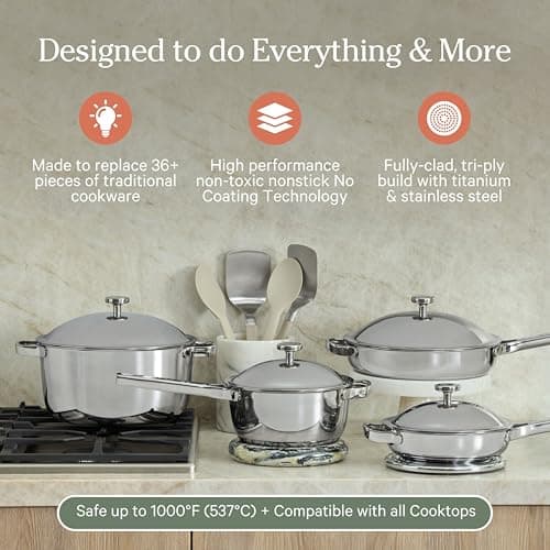Our Place Titanium Pro Cookware Set (4-Piece) – Always Pan & Perfect Pot | Nonstick No-Coat Technology | Tri-Ply Titanium & Stainless Steel | Safe for Oven, Induction & Cooktops up to 1000°F | Chrome