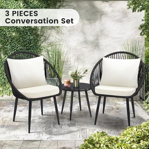3 Pieces Bistro Set, Woven Rope Chair with Cushions, All Weather Patio Conversation Set and Side Table, Ideal for Deck, Balcony, Poolside, Black