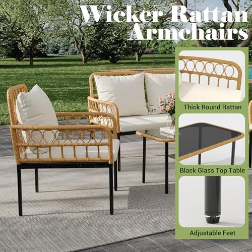 IDEALHOUSE 4-Piece Outdoor Patio Furniture Set, All-Weather PE Rattan Wicker Loveseat & Chairs with Glass Coffee Table & Steel Frame, Boho Conversation Set for Patio, Balcony, Backyard, Beige