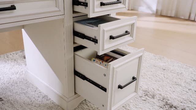 JXQTLINGMU 58" Executive Desk, Farmhouse Computer Desk with Drawers and Cabinet, Embossed Texture Home Office Desk w/Charging Station, Workspace for Work Study Writing, Off White