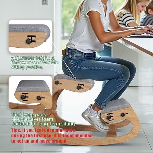 Ergonomic Kneeling Chair with Wooden Frame - Adjustable Height Office Chair with Soft Padding for Back Pain Relief, Posture Correcting Home & Office Desk Chair