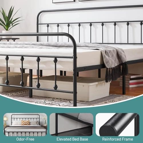 Queen Bed Frame-Classic Metal Platform Bed Frame Mattress Foundation with Victorian Style Iron-Art Headboard/Footboard/Under Bed Storage/No Box Spring Needed/Black