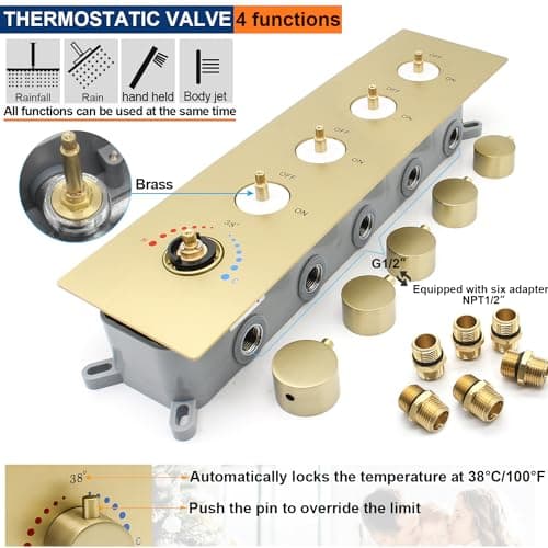 Thermostatic Shower System Dual Shower Heads with 16" Ceiling Mounted Rain Shower Head & 6" Wall Mounted Head 4 Function Shower System with body jets Can All Run Together, Brushed Gold
