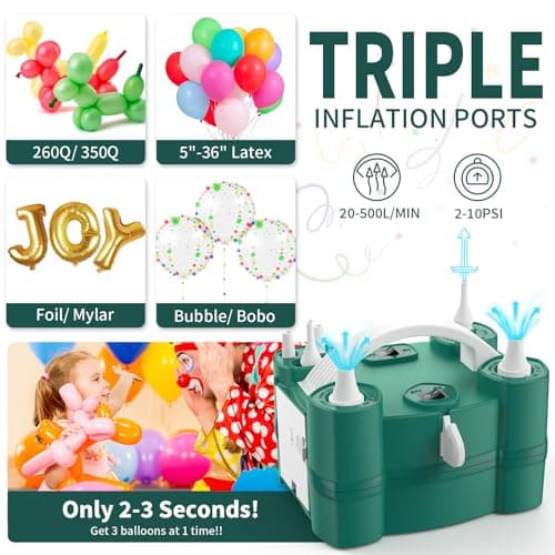 Balloon Pump 3-in-1 Electric Air Pump for All Balloons& Inflatables, Triple Inflating Ports for Latex 260q Foil Mylar Balloon Inflation, Quick-Fill Inflator Deflator for Pool Floats Air Beds