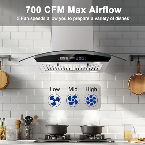 Island Range Hood 30 Inch 700 CFM Ceiling Mount Kitchen Vent Hood Tempered Glass with Color Gesture Sensing & Touch Control, 3 Speed Fan, 4 LED Lights, Permanent Filters