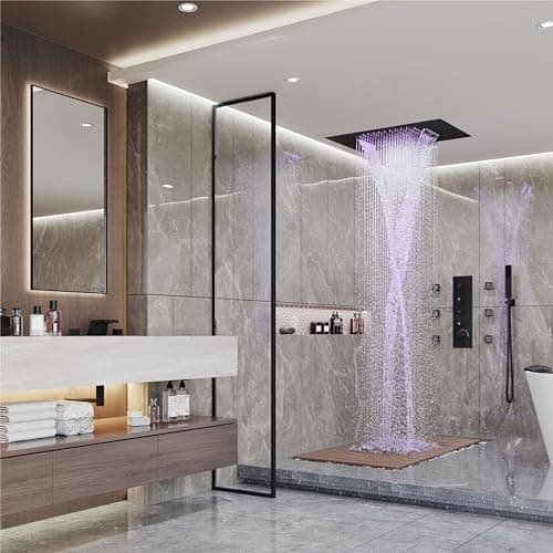 MONDAWE 23" Full Body Thermostatic Shower Jets System, 64-Color LED Music Waterfall Rainfall Luxury Shower Head System with 6 Spray Jets, Ceiling Mount Rain Shower Faucet Set, Matte Black