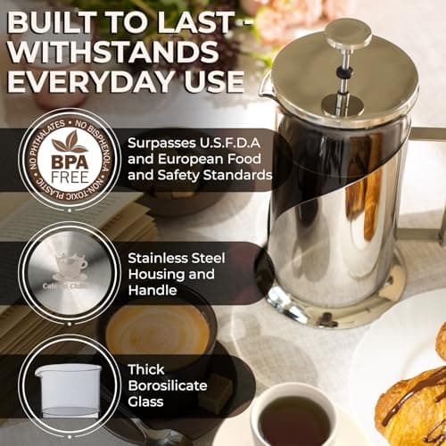 Cafe Du Chateau Stainless Steel French Press Coffee Maker - 34oz Insulated Coffee Press with 4-Level Filtration, BPA Free, Durable Glass, Great for Tea