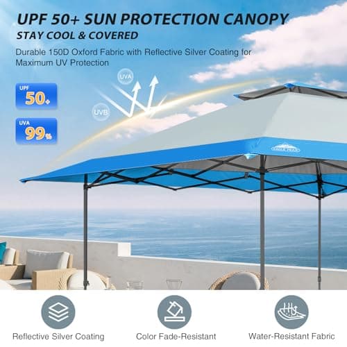 EAGLE PEAK 13x13 Straight Leg Pop Up Canopy Tent Instant Outdoor Canopy Easy Single Person Set up Folding Shelter w/Auto Extending Eaves 169 Square Feet of Shade (Light Blue)
