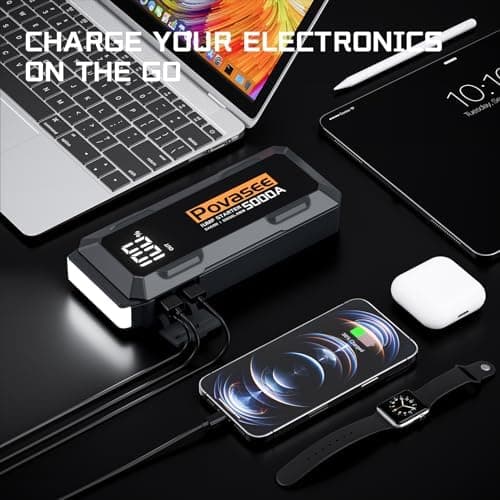 5000A Jump Starter Povasee Car Battery Jump Starter, 12V Jump Box for car up to All Gas or 10L Diesel Engine Battery Jumper Starter Portable with 3" LCD Display Power Bank/Dual Output/LED Light