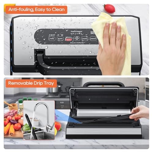 Upgraded Vacuum Sealer for Liquid, SEATAO 90Kpa Vacuum Sealer Machine for Dry/Moist/Liquid Food, Easy-Lock Handle, Double Heat Seal, Built-in Cutter and Bag Storage & Removable Drip Tray
