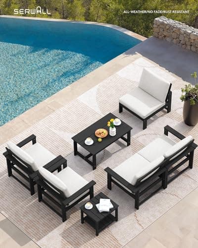 SERWALL HDPE Patio Furniture Set, 7-Piece Outdoor Sectional Sofa Set, All Weather Outdoor Couch Set for Deck, Lawn, Black Frame with Khaki Cushion