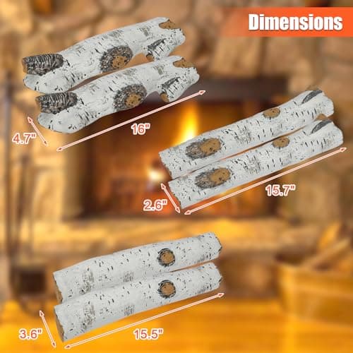 QuliMetal 6PCS Ceramic White Birch Gas Fireplace Logs Set – Realistic Fake Wood Logs for Indoor Inserts, Outdoor Fire Pits, Vented, Propane, Gel, Ethanol, and Electric Fireplaces