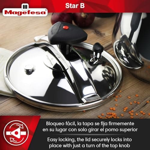 MAGEFESA Star Belly Pressure Cooker 10.6 Qt – 18/10 Stainless Steel, Rounded Bottom, 3 Safety Systems, Works on All Stovetops Including Induction, 8 PSI
