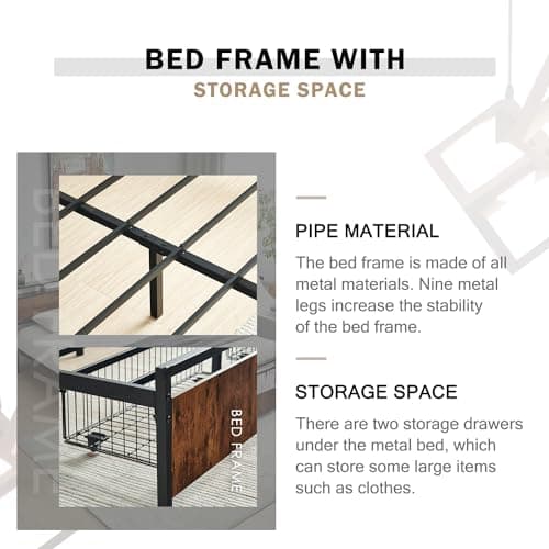 Virabit Bed Frame Full Size with Drawers, Full Platform Bed Frame with Headboard and Power Outlets, No Box Spring Needed, Easy Assemble(Brown).