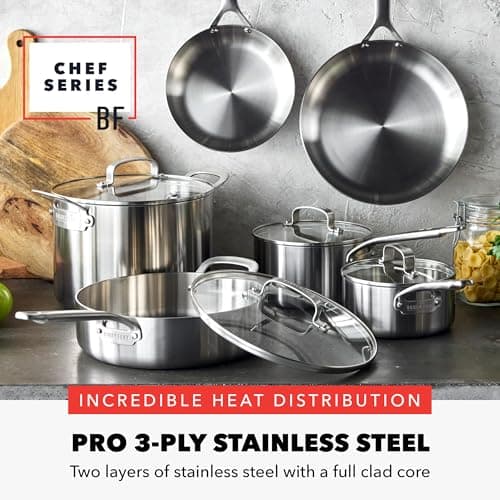 GreenPan x Bobby Flay 10 Piece Stainless Steel Cookware Set, Tri-Ply Multiclad Pots & Pans, Professional Grade, Oven & Broiler Safe to 600°F, Dishwasher Safe, Durable, Induction Compatible, Silver